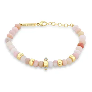 14k Gold & Faceted Pink Opal Rondelle Bead Bracelet with 2 Prong Diamonds