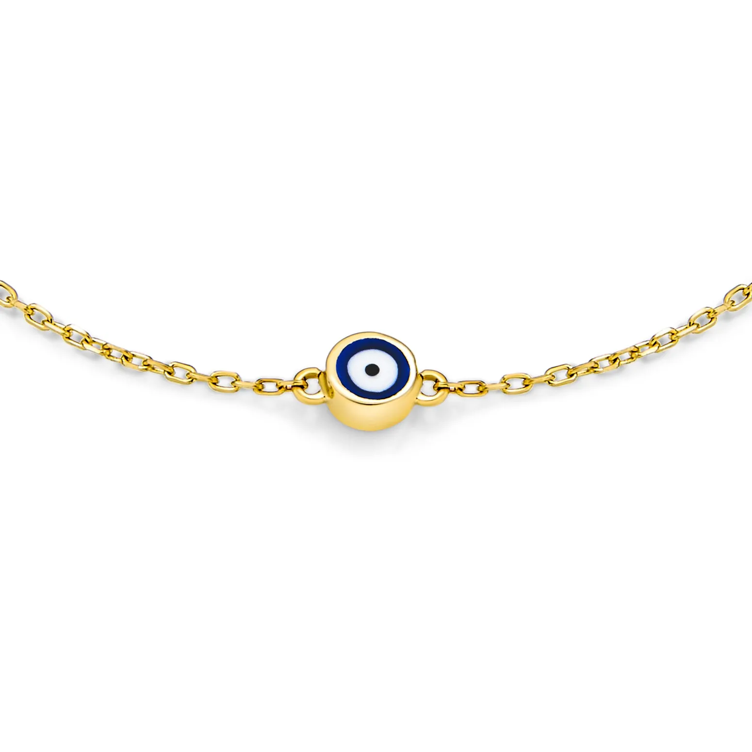 14K Gold Chain Link Bracelet with Blue Evil Eye Charm 6.5-7 Inch