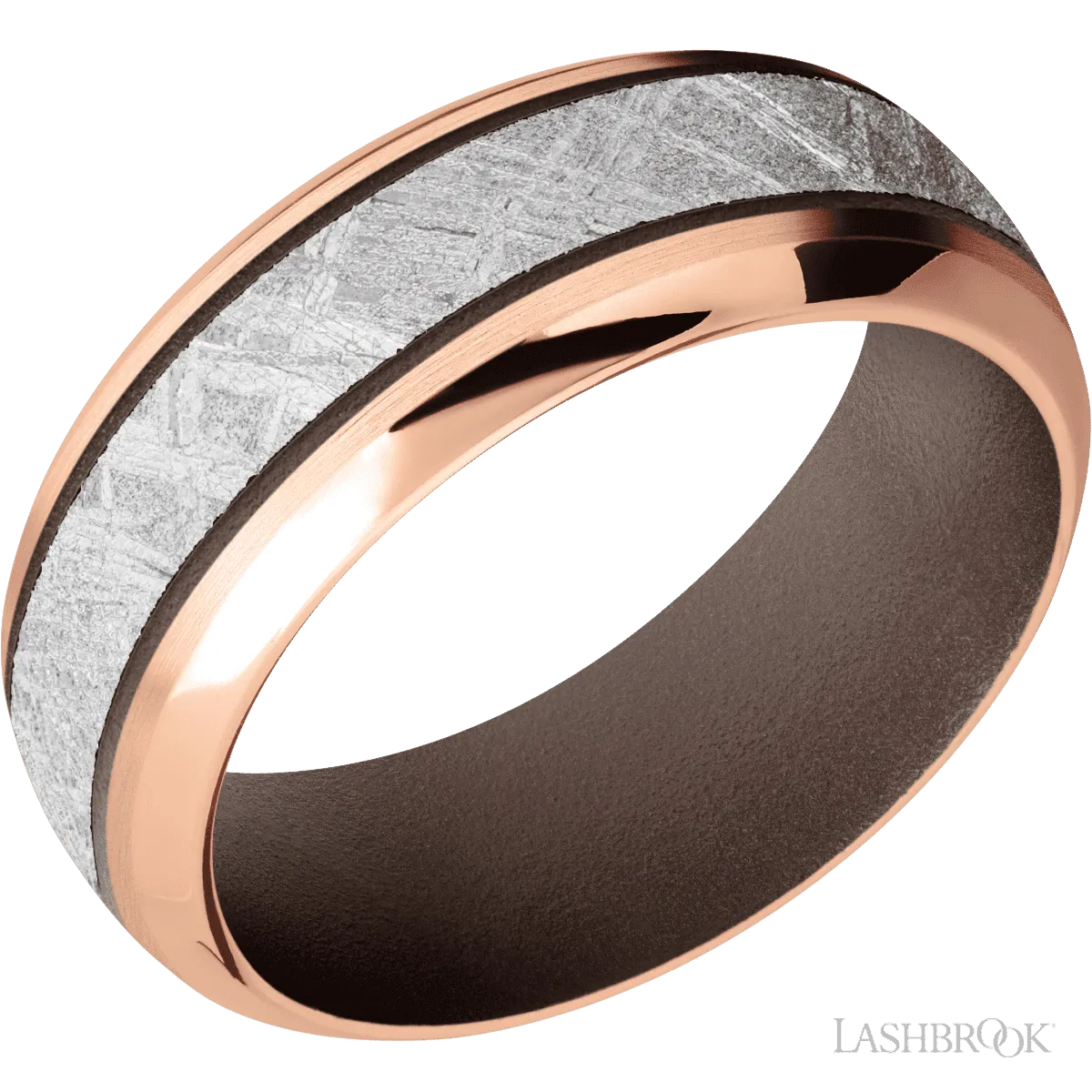 14K Rose Gold with Satin , Polish Finish and Meteorite Inlay and Chocolate Brown - 8MM