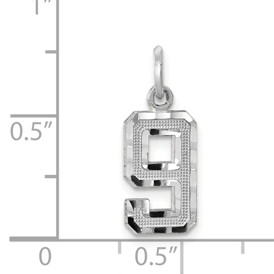 14k White Gold Small Size Diamond Cut Texture Finish Number 9 Charm Pendant