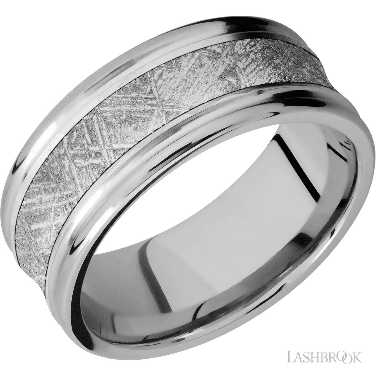 14K White Gold with Hammer , Polish Finish and Meteorite Inlay - 9MM