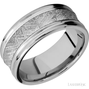 14K White Gold with Hammer , Polish Finish and Meteorite Inlay - 9MM