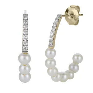 14K Yellow Fresh Water Pearl and Natural Diamond Hoop Earrings