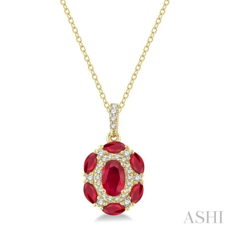 1/6 Ctw Oval 6x4 MM & Marquise 4x2 MM Ruby and Round Cut Diamond Precious Pendant With Chain in 14K Yellow Gold