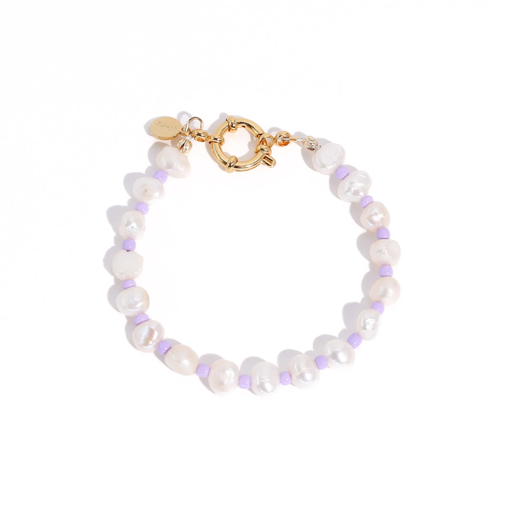 18K Gold Plated Freshwater Pearls with Purple Glass Beads - Taro Bracelet 9"