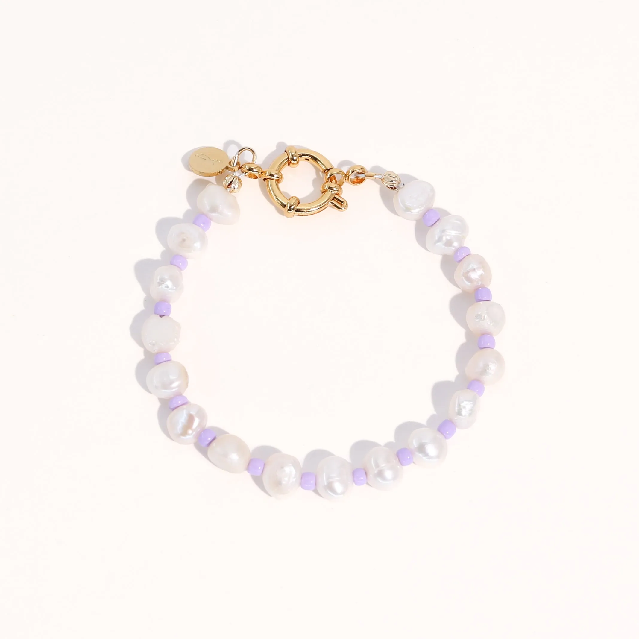 18K Gold Plated Freshwater Pearls with Purple Glass Beads - Taro Bracelet 9"