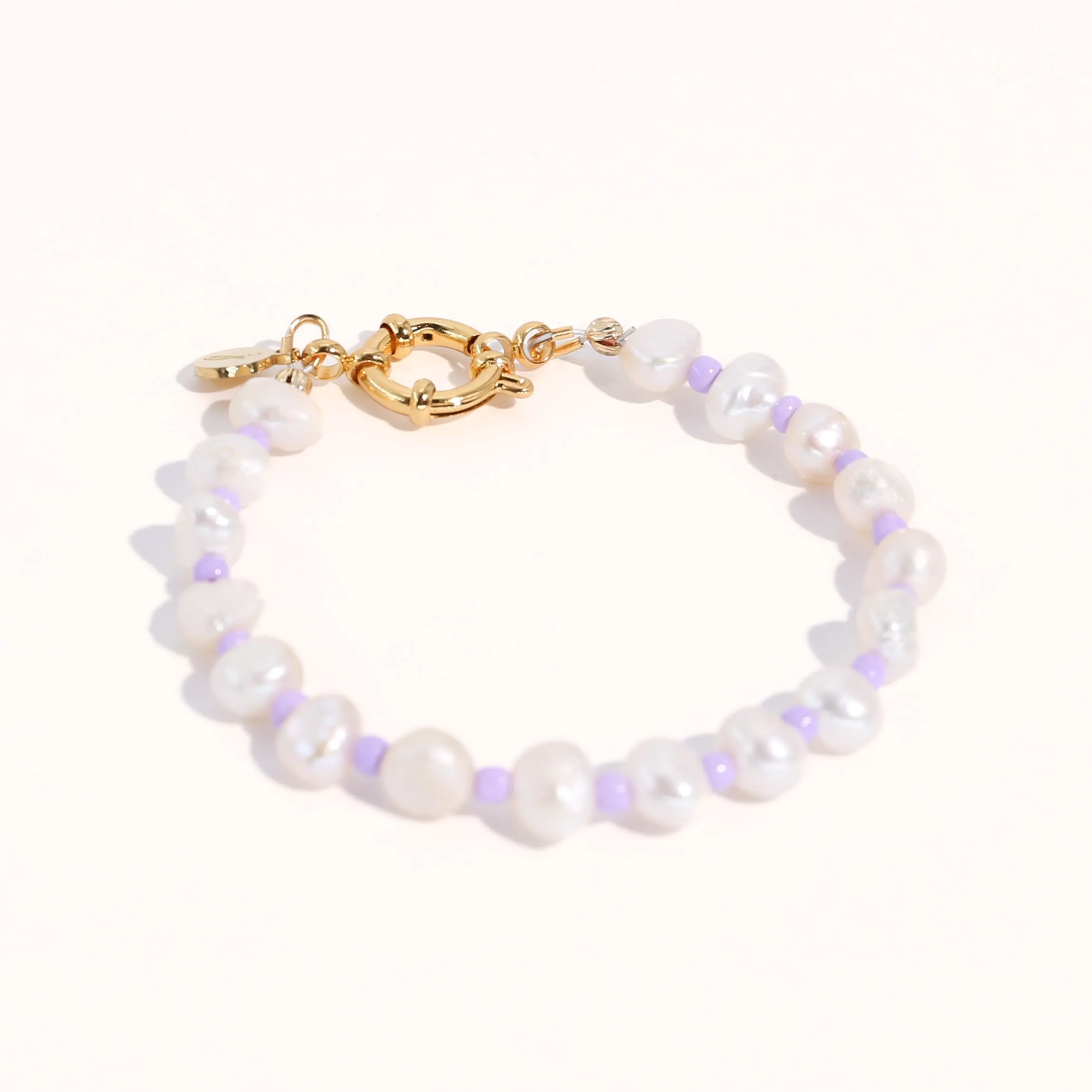 18K Gold Plated Freshwater Pearls with Purple Glass Beads - Taro Bracelet 9"