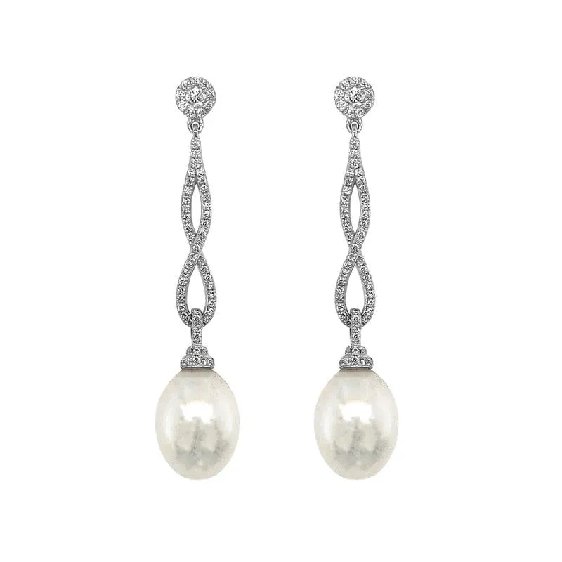 18K White Gold Diamond & Pearl Infinity Drop Earrings