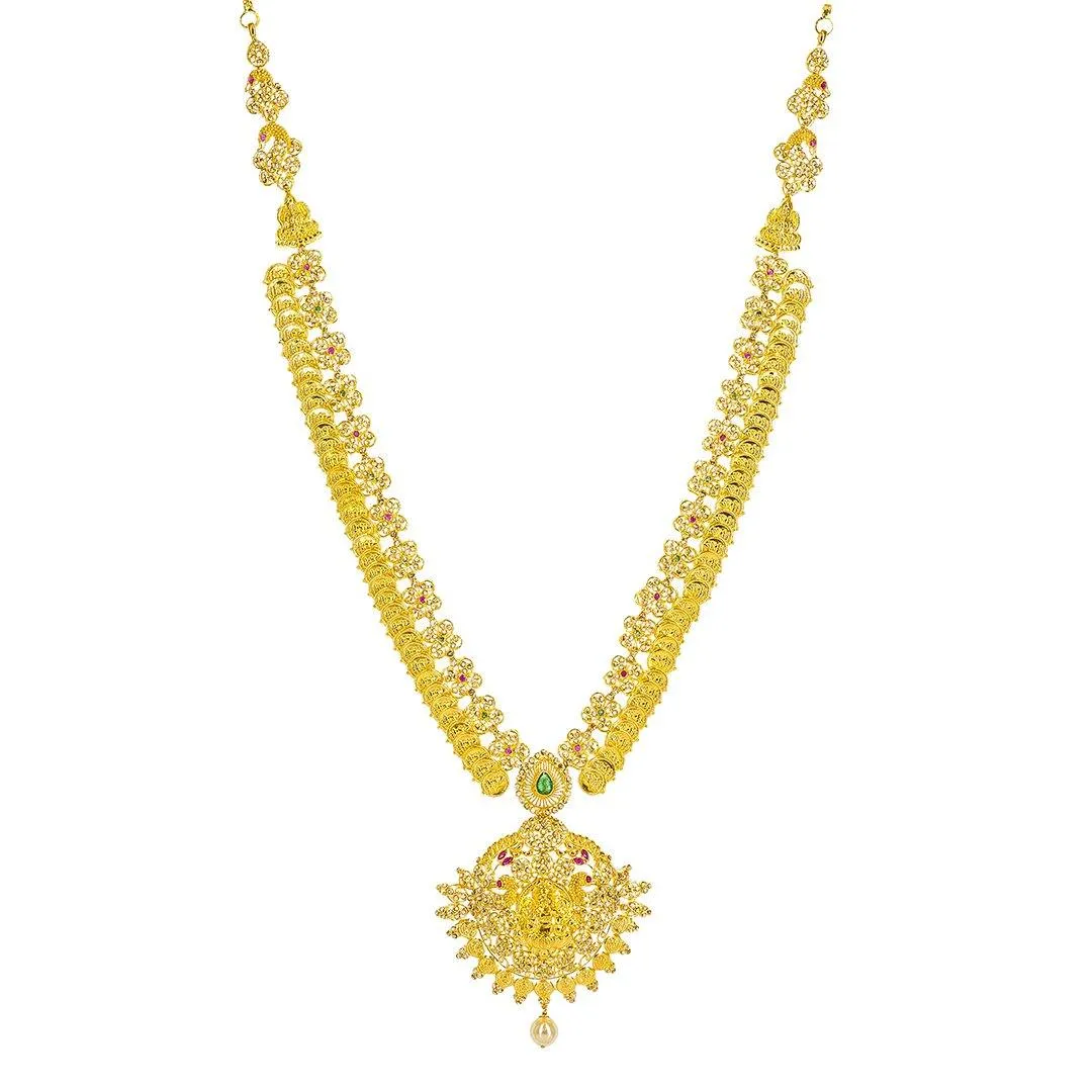 22K Yellow Gold Uncut Diamond Laxmi Necklace Set W/ 22.74ct Uncut Diamonds, Rubies, Emeralds, Pearls & Laxmi Kasu