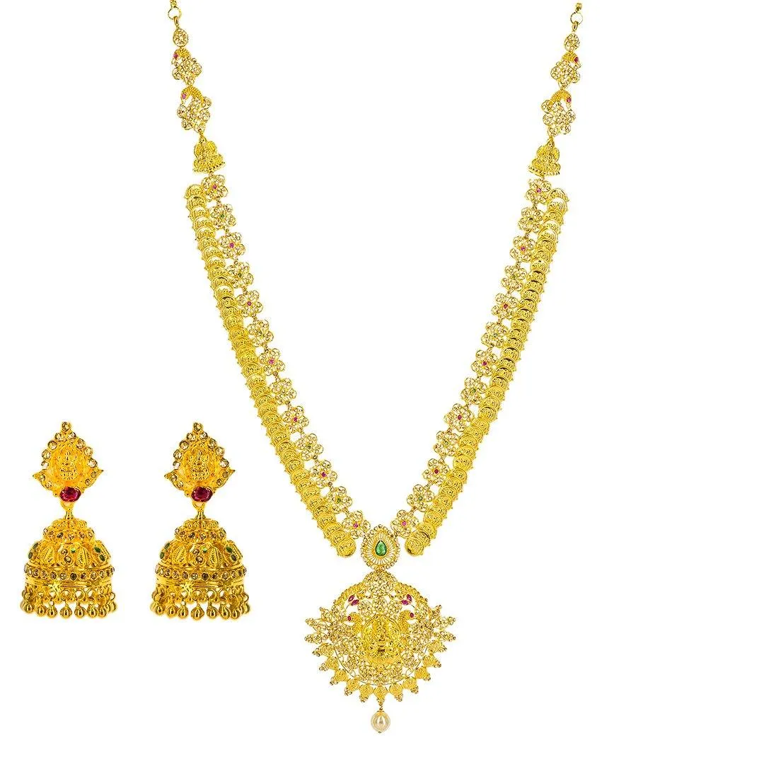 22K Yellow Gold Uncut Diamond Laxmi Necklace Set W/ 22.74ct Uncut Diamonds, Rubies, Emeralds, Pearls & Laxmi Kasu