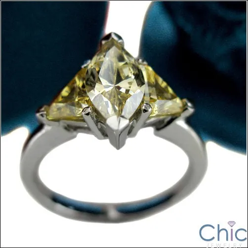 3 Stone 1 Ct Marquise Canary Triangles Cubic Zirconia 14K White Gold Ring