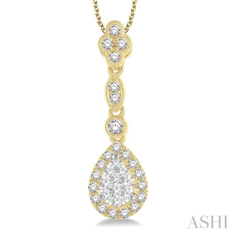 3/8 ctw Pear Shape Halo Lovebright Round Cut Diamond Pendant With Chain in 14K Yellow and White Gold