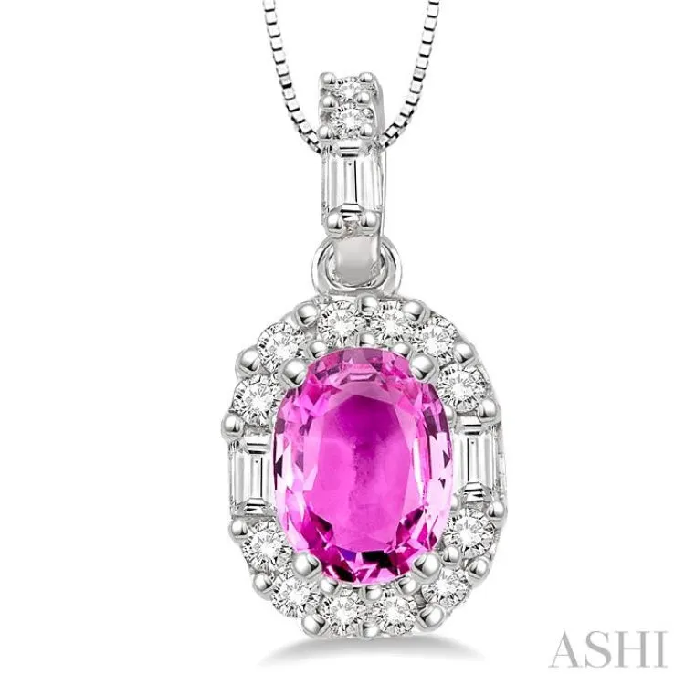 6x4 MM Oval Shape Pink Sapphire and 1/4 Ctw Diamond Pendant in 14K White Gold with Chain