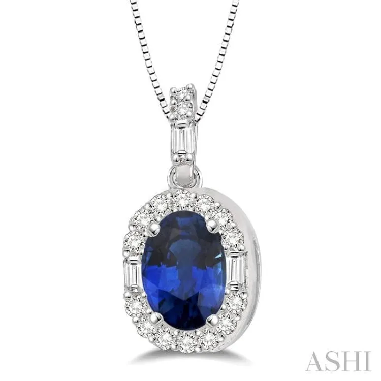 6x4 MM Oval Shape Sapphire and 1/4 Ctw Diamond Pendant in 14K White Gold with Chain