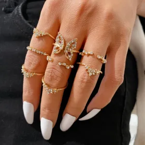 8pcs Suit Of Rings European And American Bohemian Style Ring With Water Drill Butterfly Joint Ring Ornaments