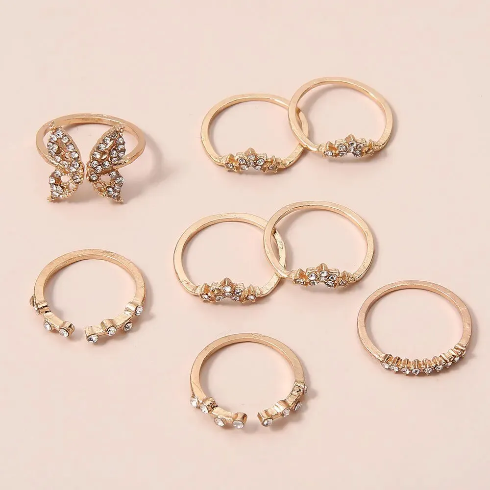 8pcs Suit Of Rings European And American Bohemian Style Ring With Water Drill Butterfly Joint Ring Ornaments