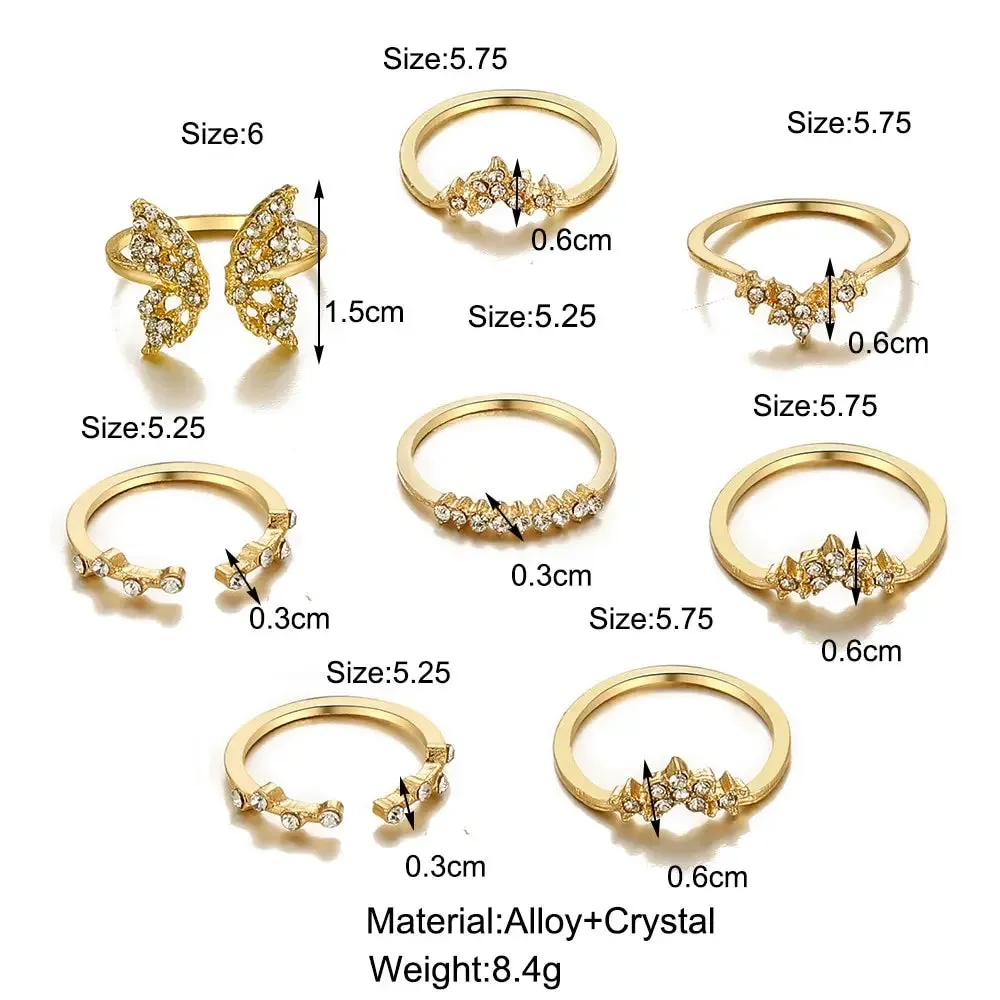 8pcs Suit Of Rings European And American Bohemian Style Ring With Water Drill Butterfly Joint Ring Ornaments