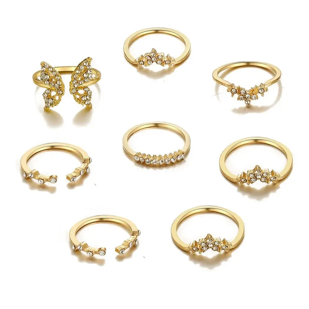 8pcs Suit Of Rings European And American Bohemian Style Ring With Water Drill Butterfly Joint Ring Ornaments