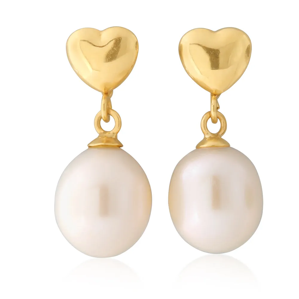 9ct Yellow Gold Fresh Water Pearl 7-7.5mm and Gold Heart Drop Earrings