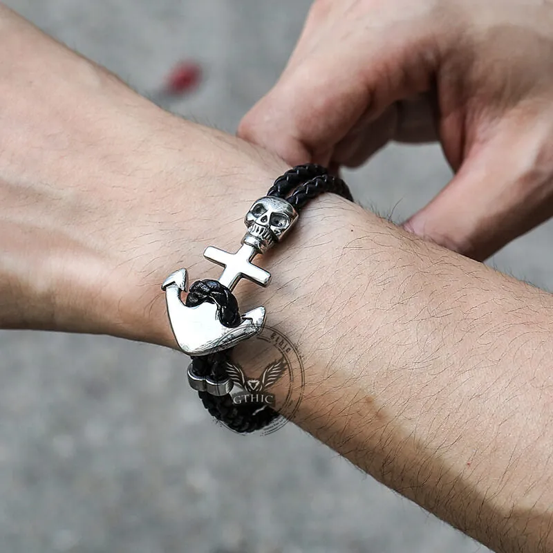 Anchor Skull Double Braided Leather Bracelet