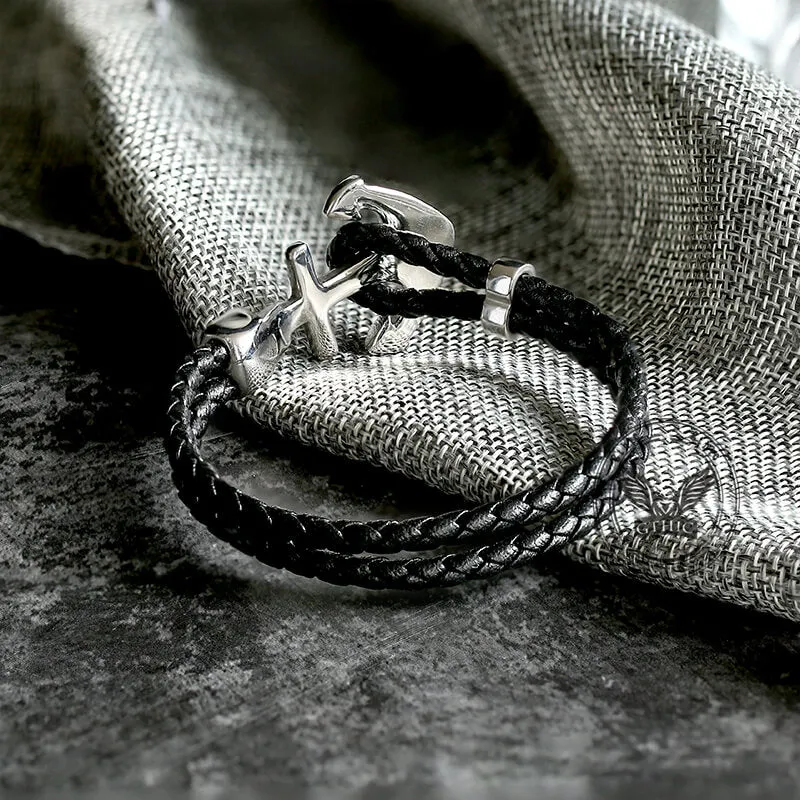 Anchor Skull Double Braided Leather Bracelet