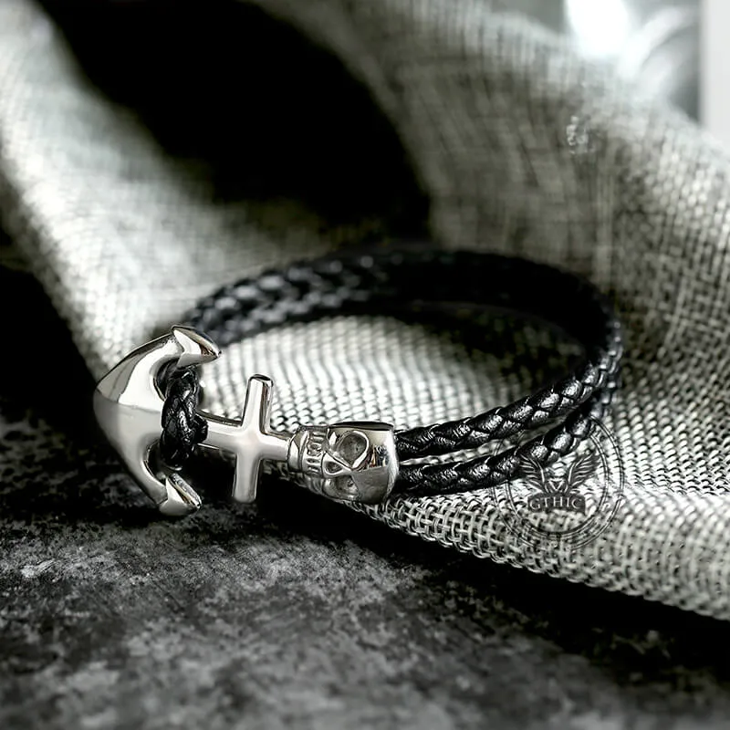 Anchor Skull Double Braided Leather Bracelet