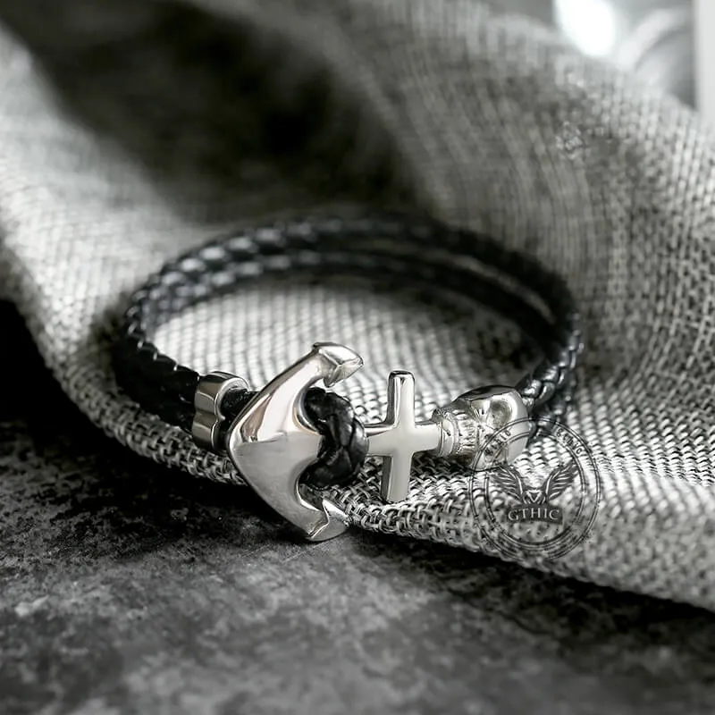 Anchor Skull Double Braided Leather Bracelet