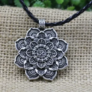 Antique Silver Om Lotus Blossom Mandala Necklace