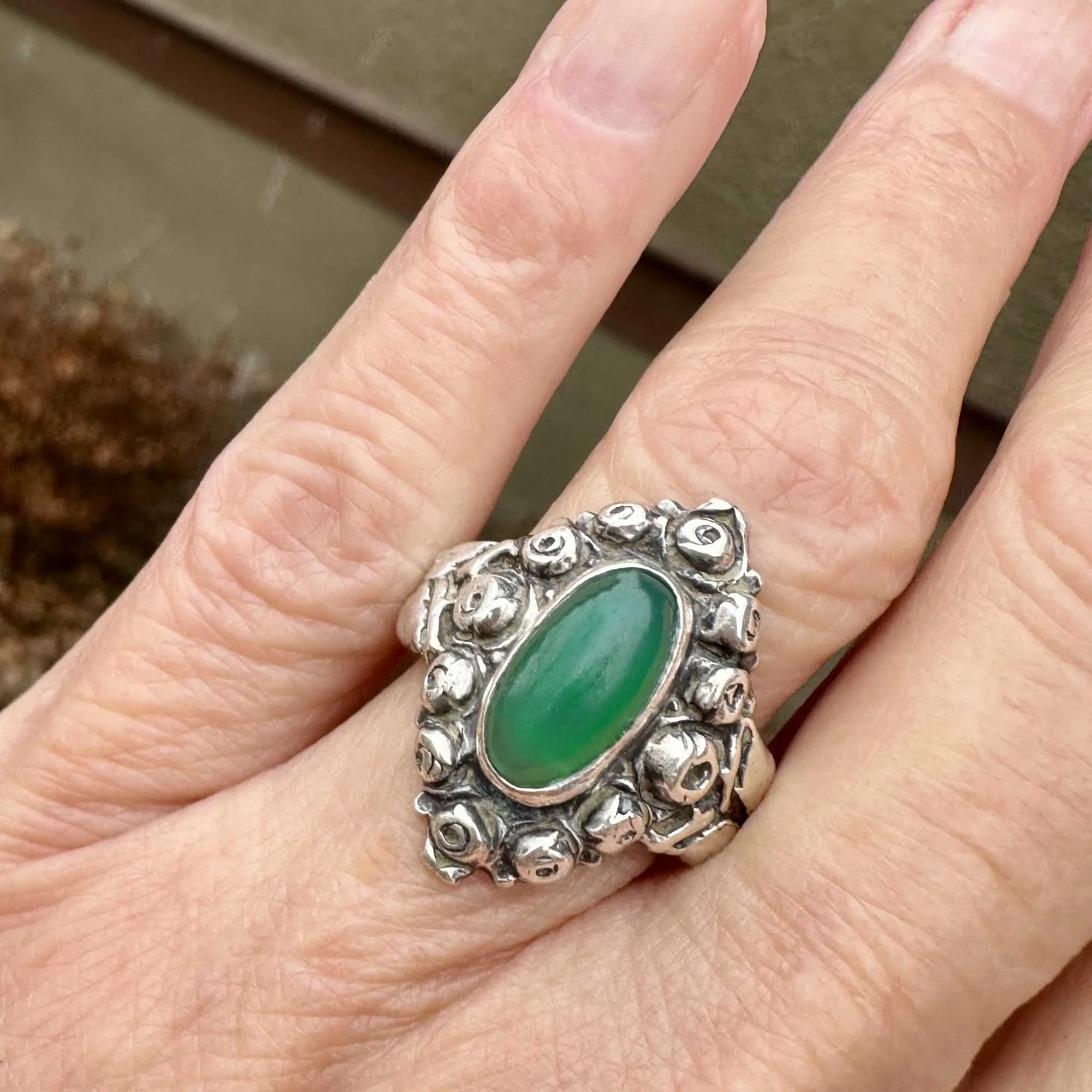 Arts & Crafts Silver Rose Motif Green Chrysoprase Ring