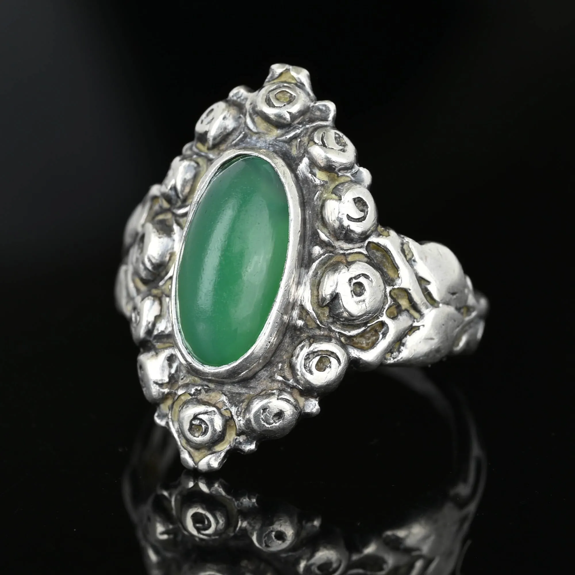 Arts & Crafts Silver Rose Motif Green Chrysoprase Ring