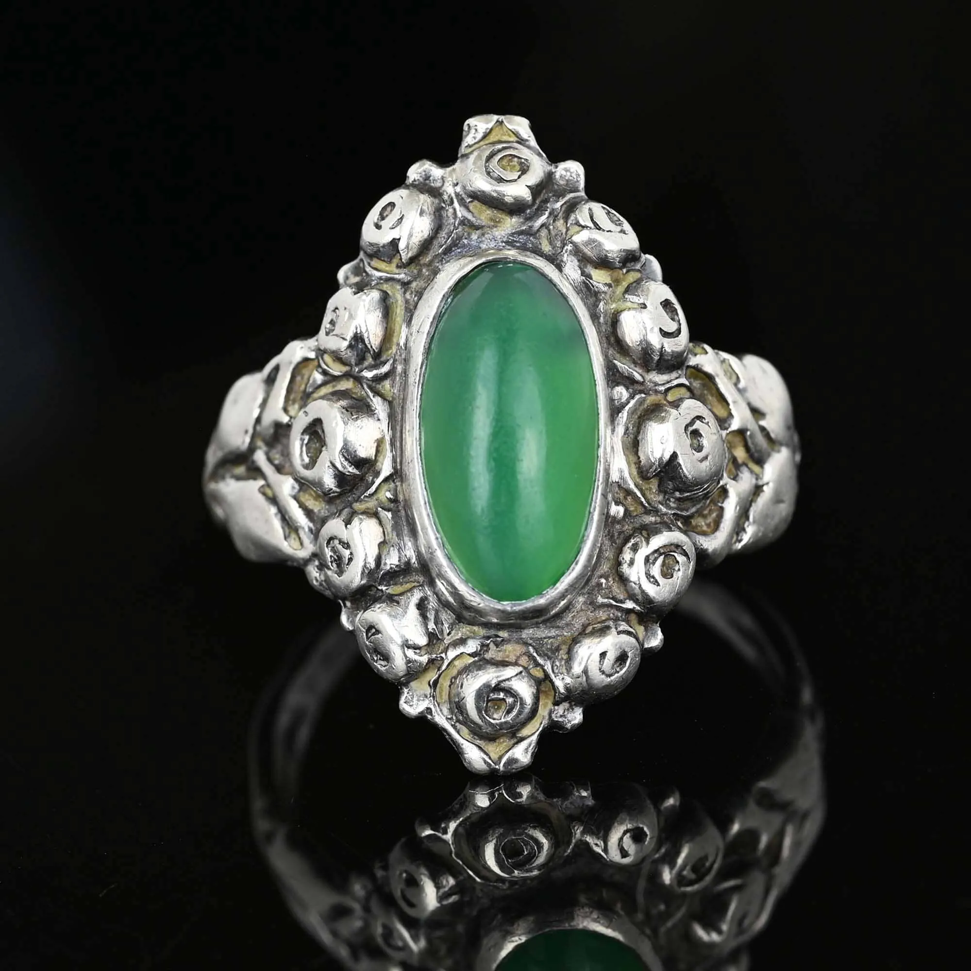 Arts & Crafts Silver Rose Motif Green Chrysoprase Ring