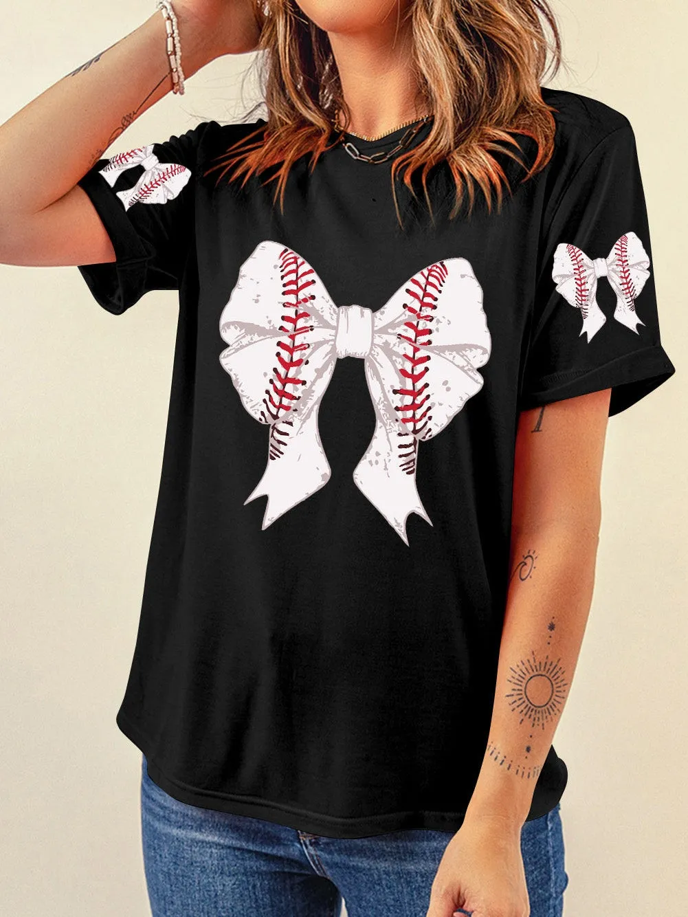 Baseball Print Black Bow Detail T-Shirt