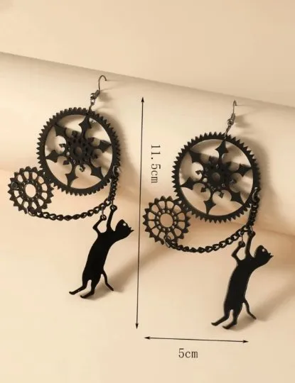 Black cat playing gears | midnight memory | cat lover | modern retro acetate earrings | halloween party earrings