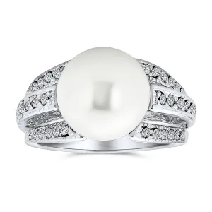 Bridal Cocktail Statement Ring with CZ Solitaire and Simulated Pearl Silver Plated