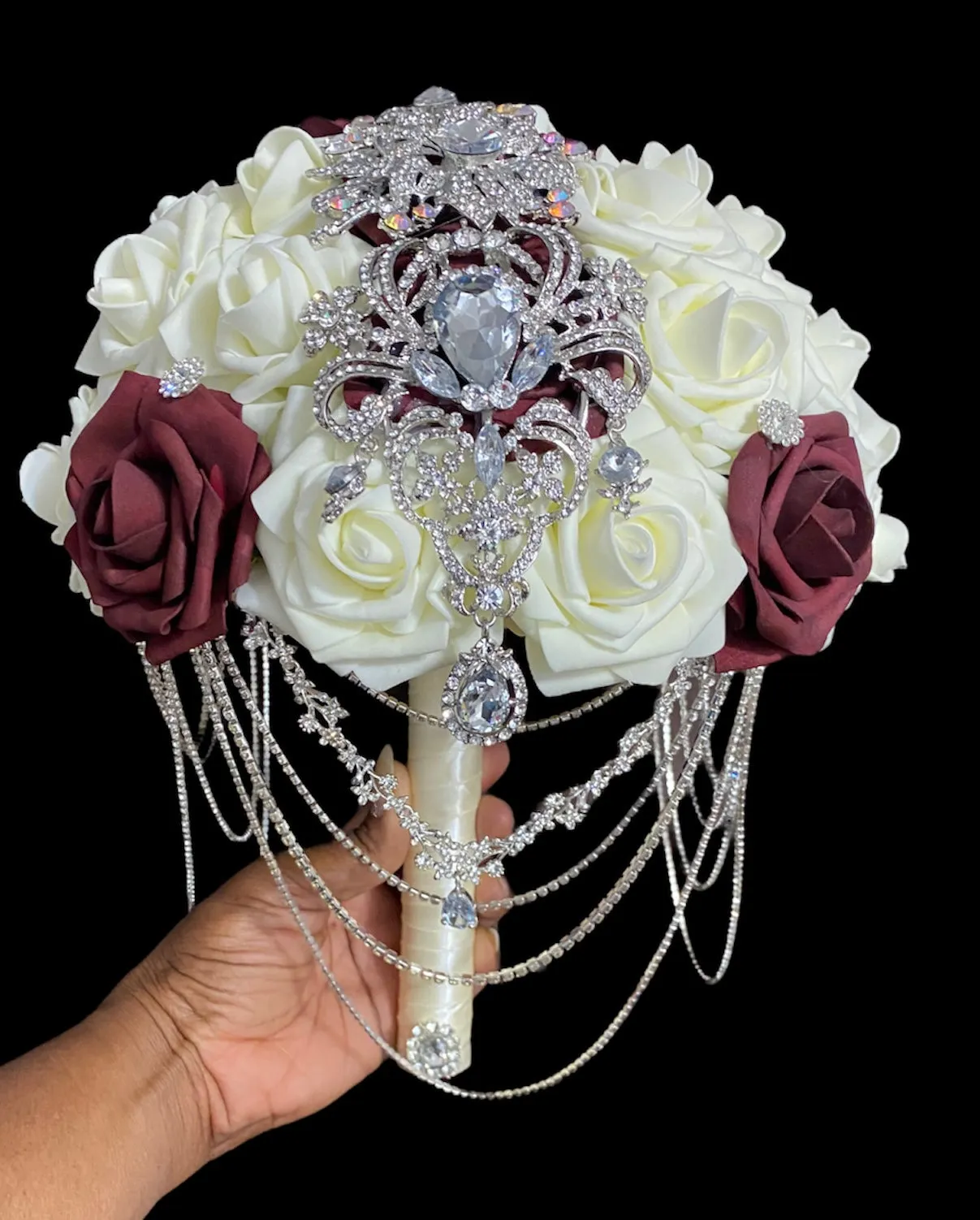 Burgundy Ivory Cascade Bouquet l Waterfall bouquet l  Real Touch Roses Brooch Bouquet BOU-32