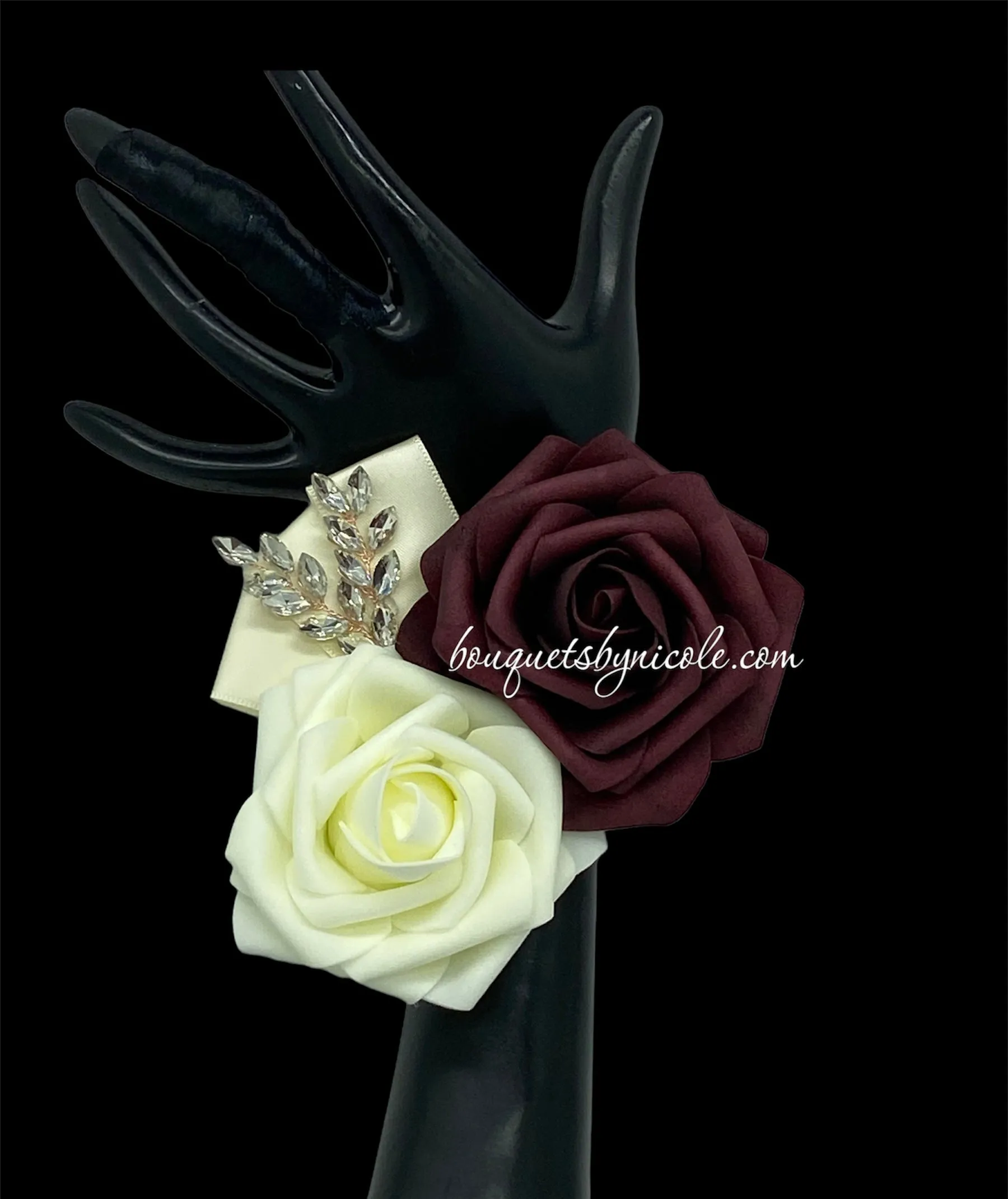 Burgundy Ivory Cascade Bouquet l Waterfall bouquet l  Real Touch Roses Brooch Bouquet BOU-32