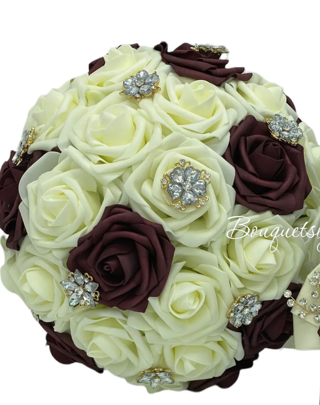 Burgundy Ivory Cascade Bouquet l Waterfall bouquet l  Real Touch Roses Brooch Bouquet BOU-32