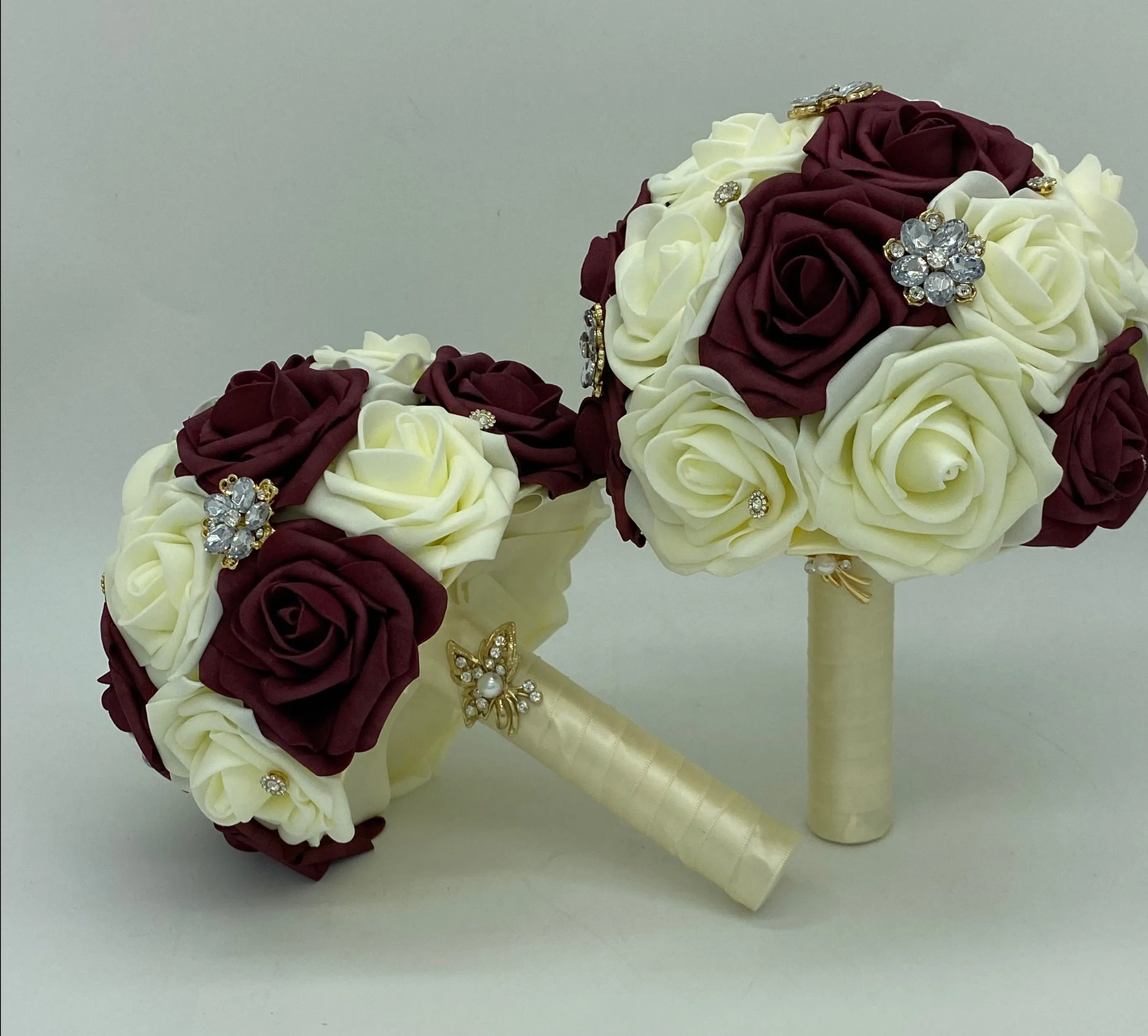 Burgundy White Cascade Bouquet l Waterfall bouquet l  Real Touch Roses Brooch Bouquet CB-012