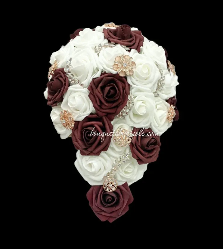 Burgundy White Cascade Bouquet l Waterfall bouquet l  Real Touch Roses Brooch Bouquet CB-012