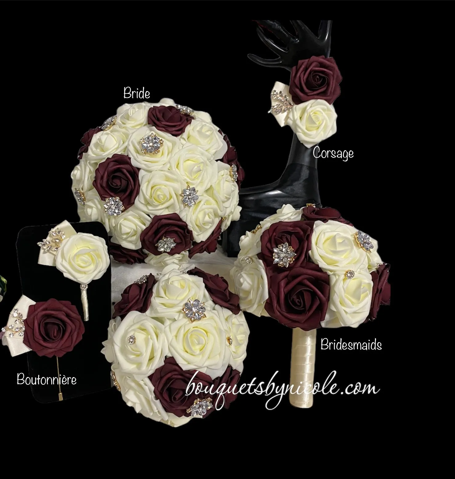 Burgundy White Cascade Bouquet l Waterfall bouquet l  Real Touch Roses Brooch Bouquet CB-012