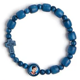 Carlo Acutis Blue Wood Drum Bead Stretch Bracelet