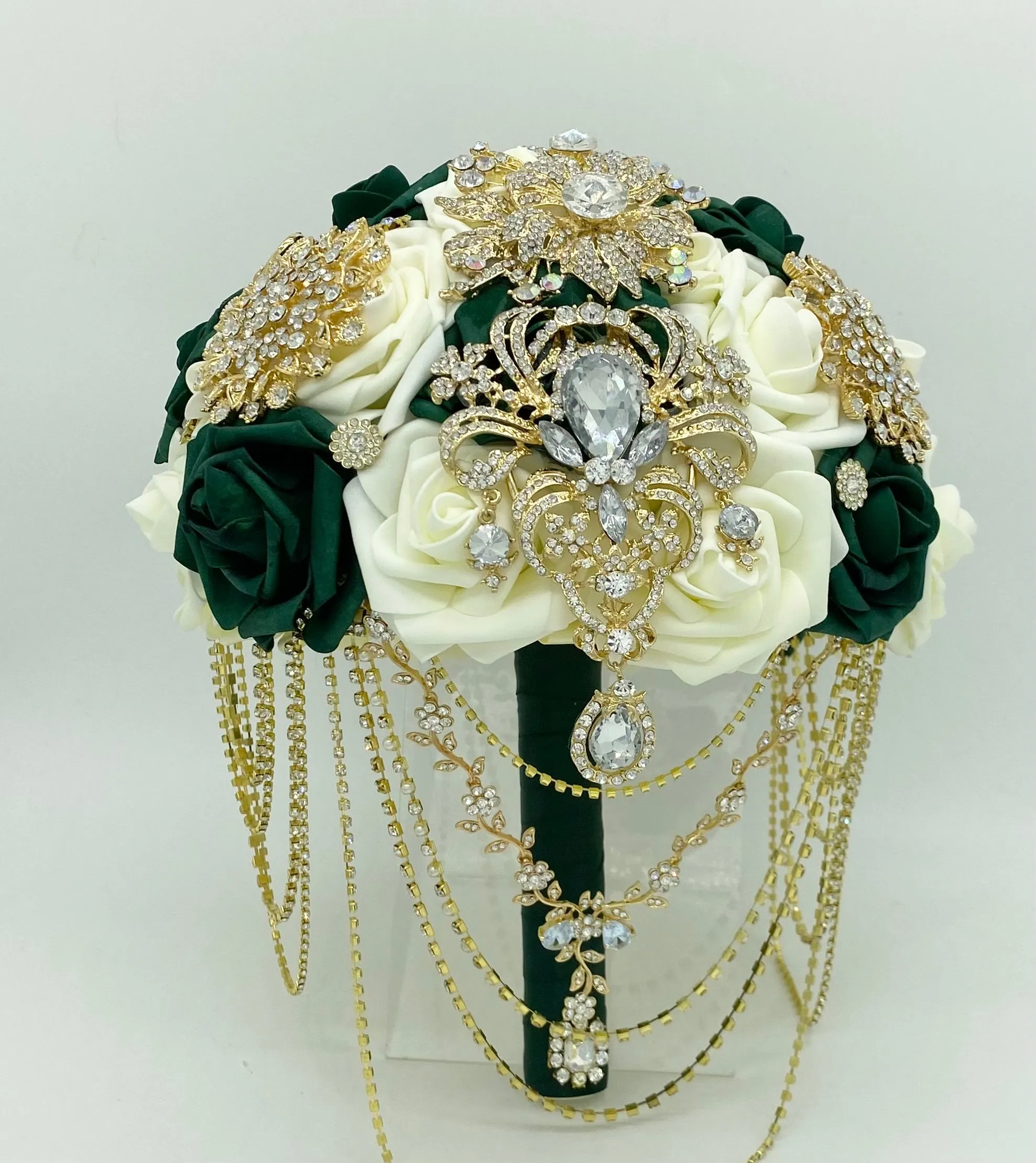 Cascade Emerald green & Ivory Real touch Roses l Brooch Bridal Bouquet RT009