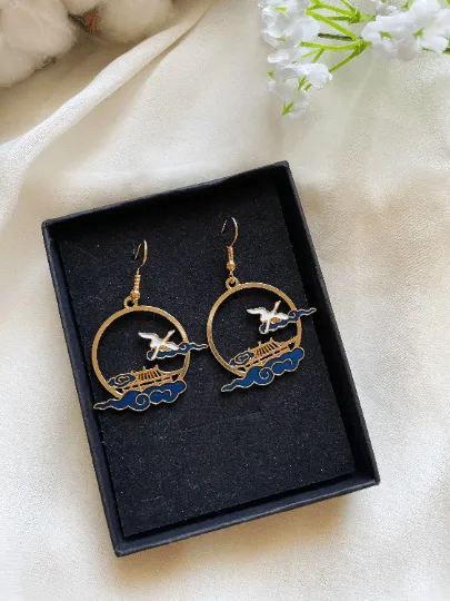 Classical - Gold hoop shaped earrings with blue clouds | temple bird dangle earrings | oriental style decor drop earrings| cute kawaii minimalist