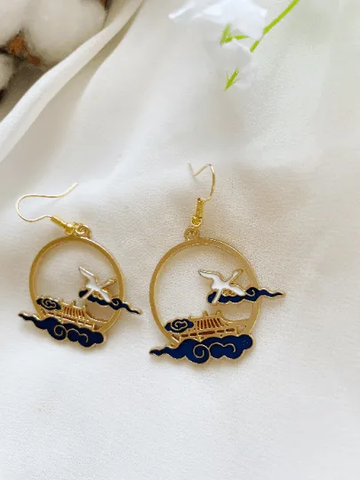 Classical - Gold hoop shaped earrings with blue clouds | temple bird dangle earrings | oriental style decor drop earrings| cute kawaii minimalist