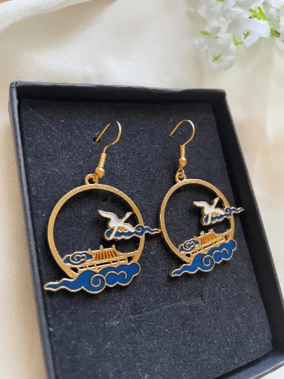 Classical - Gold hoop shaped earrings with blue clouds | temple bird dangle earrings | oriental style decor drop earrings| cute kawaii minimalist