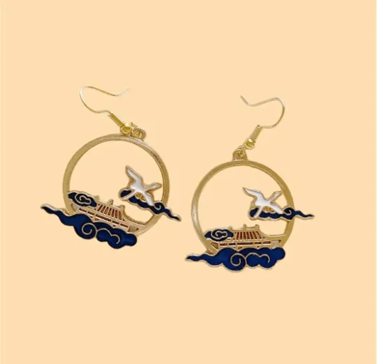 Classical - Gold hoop shaped earrings with blue clouds | temple bird dangle earrings | oriental style decor drop earrings| cute kawaii minimalist