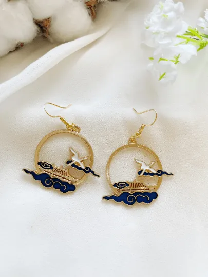 Classical - Gold hoop shaped earrings with blue clouds | temple bird dangle earrings | oriental style decor drop earrings| cute kawaii minimalist