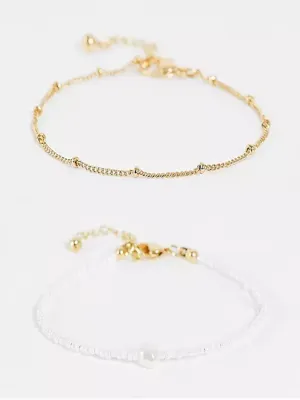 Curve Bracelet With Micro Faux Pearl And Dot Dash Chain In Gold Tone