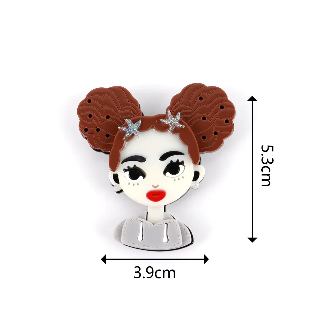 Cute Brown Hair Girl Acrylic Brooches