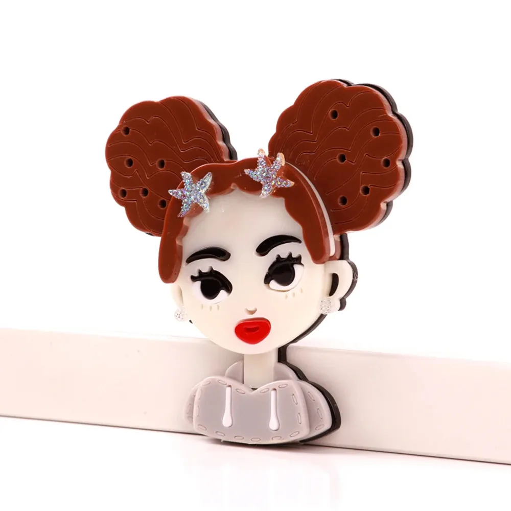 Cute Brown Hair Girl Acrylic Brooches